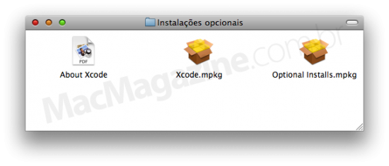 Janela de instaladores opcionais do Mac OS X, incluindo o Xcode, para desenvolvimento.
