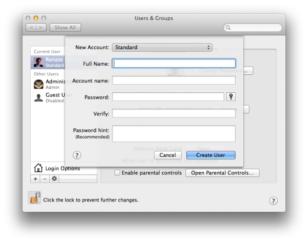 Painel de usuários e grupos no Mac OS X