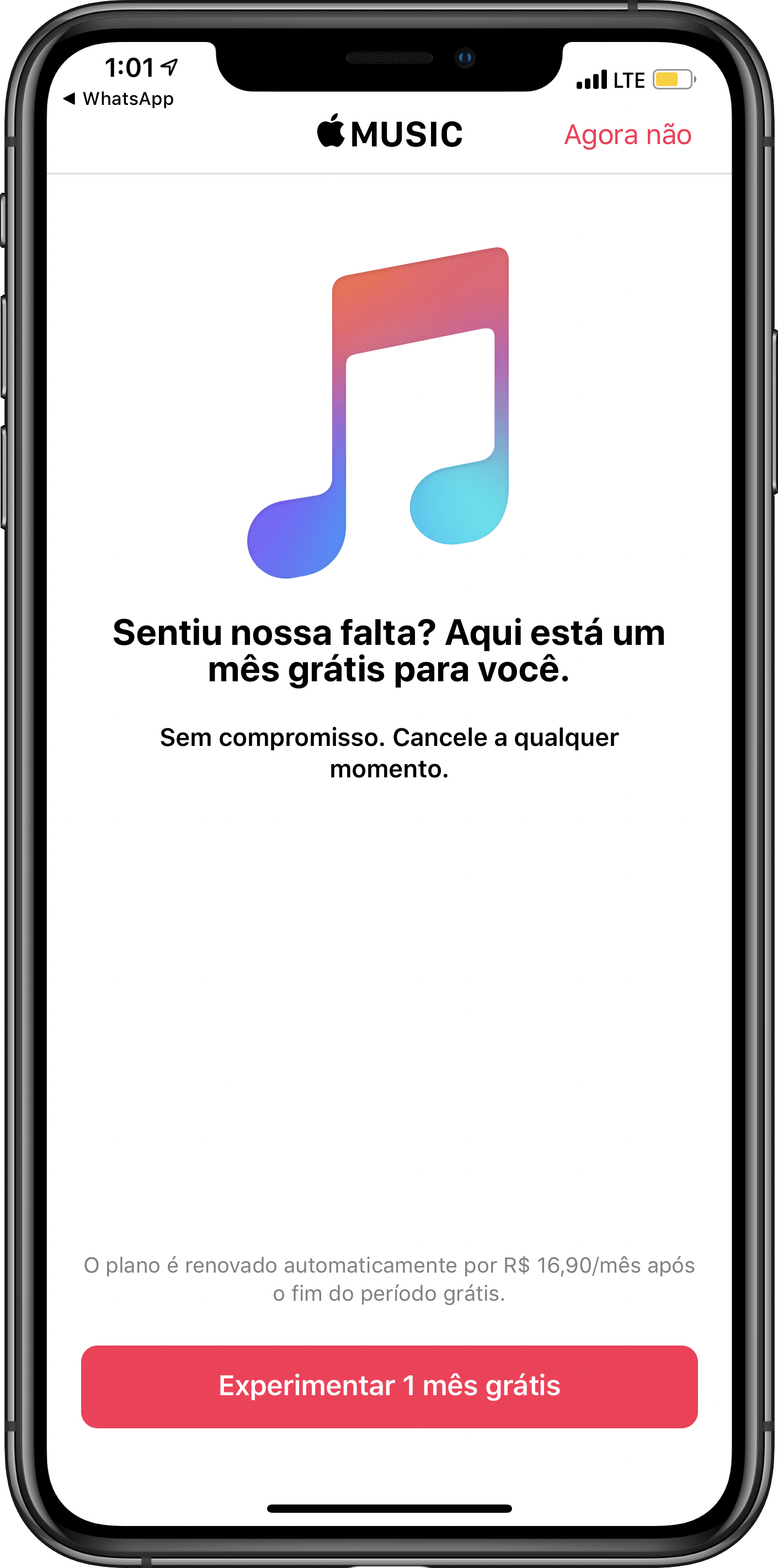 Promoção do Apple Music enviada por notificação