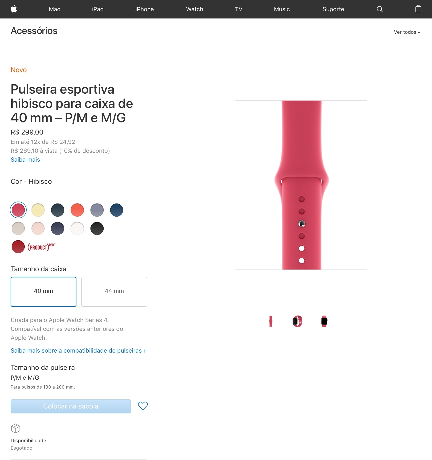 Exemplo de pulseira esgotada na Apple Online Store