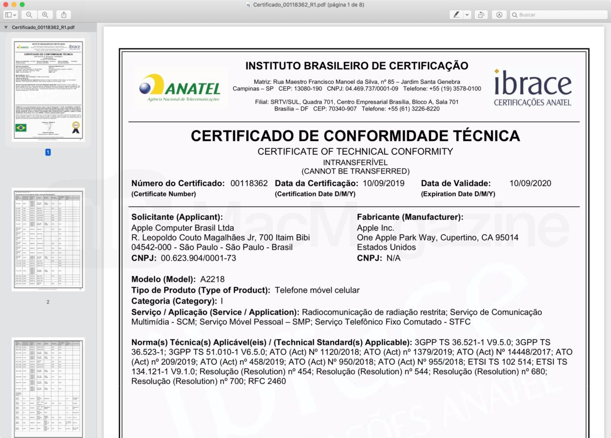 Certificado do iPhone 11 Pro Max (Anatel)